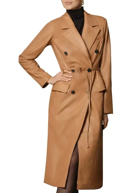 womens-double-breasted-brown-faux-leather-trench-coat