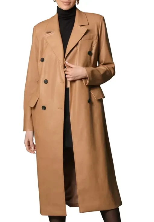 womens-double-breasted-brown-faux-leather-trench-coat