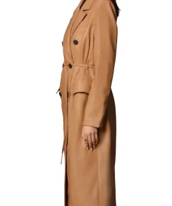 womens-double-breasted-brown-faux-leather-trench-coat