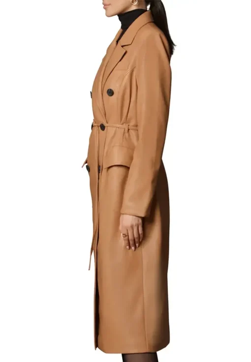 womens-double-breasted-brown-faux-leather-trench-coat