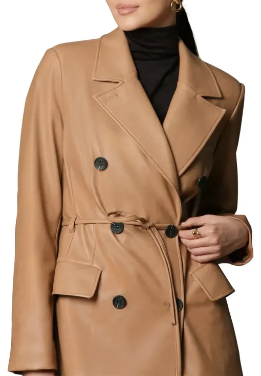 womens-double-breasted-brown-faux-leather-trench-coat