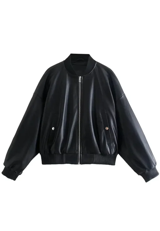 womens-solid-black-faux-leather-bomber-jacket