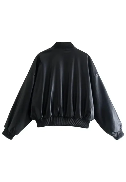 womens-solid-black-faux-leather-bomber-jacket