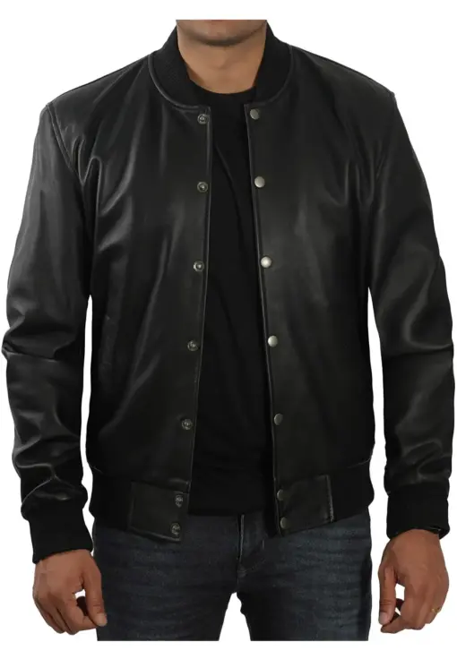 mens-black-classic-faux-leather-bomber-jacket