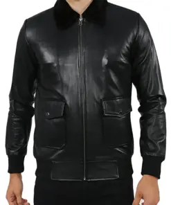 mens-black-faux-leather-fur-collar-bomber-jacket