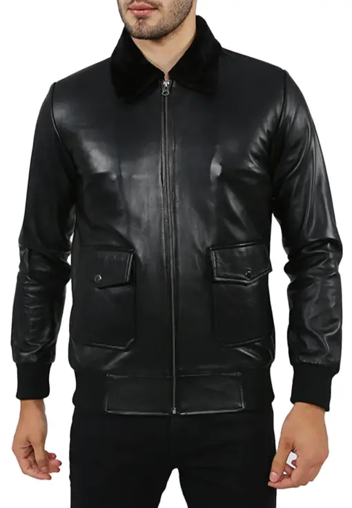 mens-black-faux-leather-fur-collar-bomber-jacket