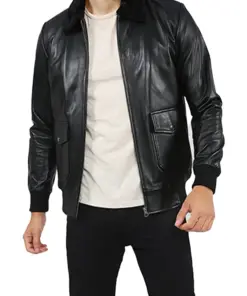 mens-black-faux-leather-fur-collar-bomber-jacket