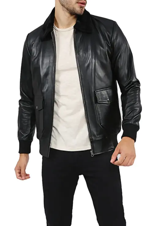 mens-black-faux-leather-fur-collar-bomber-jacket