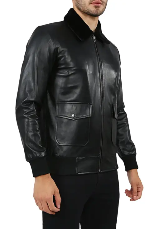 mens-black-faux-leather-fur-collar-bomber-jacket