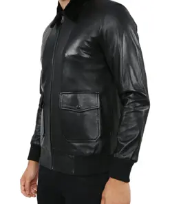 mens-black-faux-leather-fur-collar-bomber-jacket