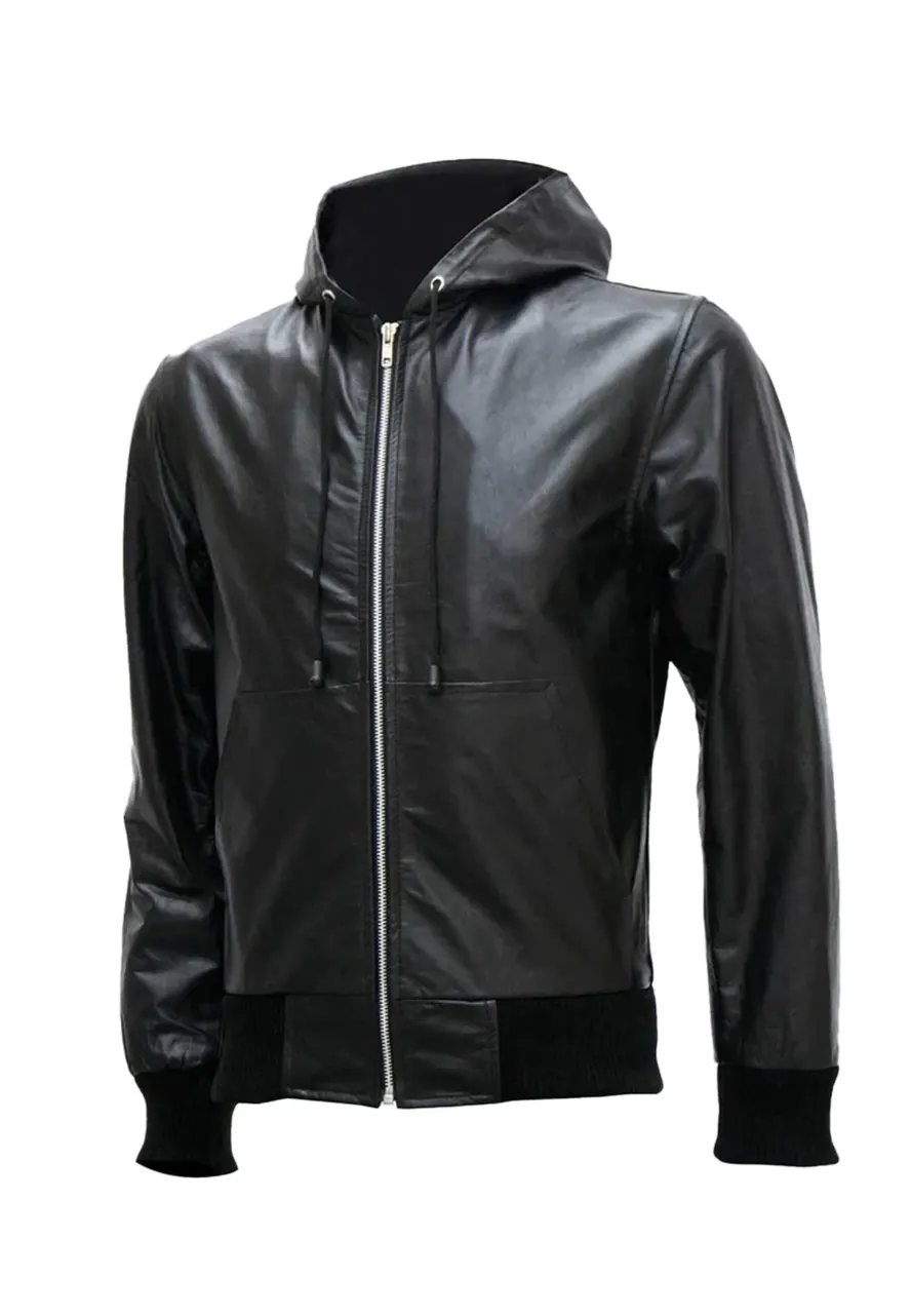 mens-black-hoodie-faux-leather-bomber-jacket-1 mens-black-hoodie-faux-leather-bomber-jacket