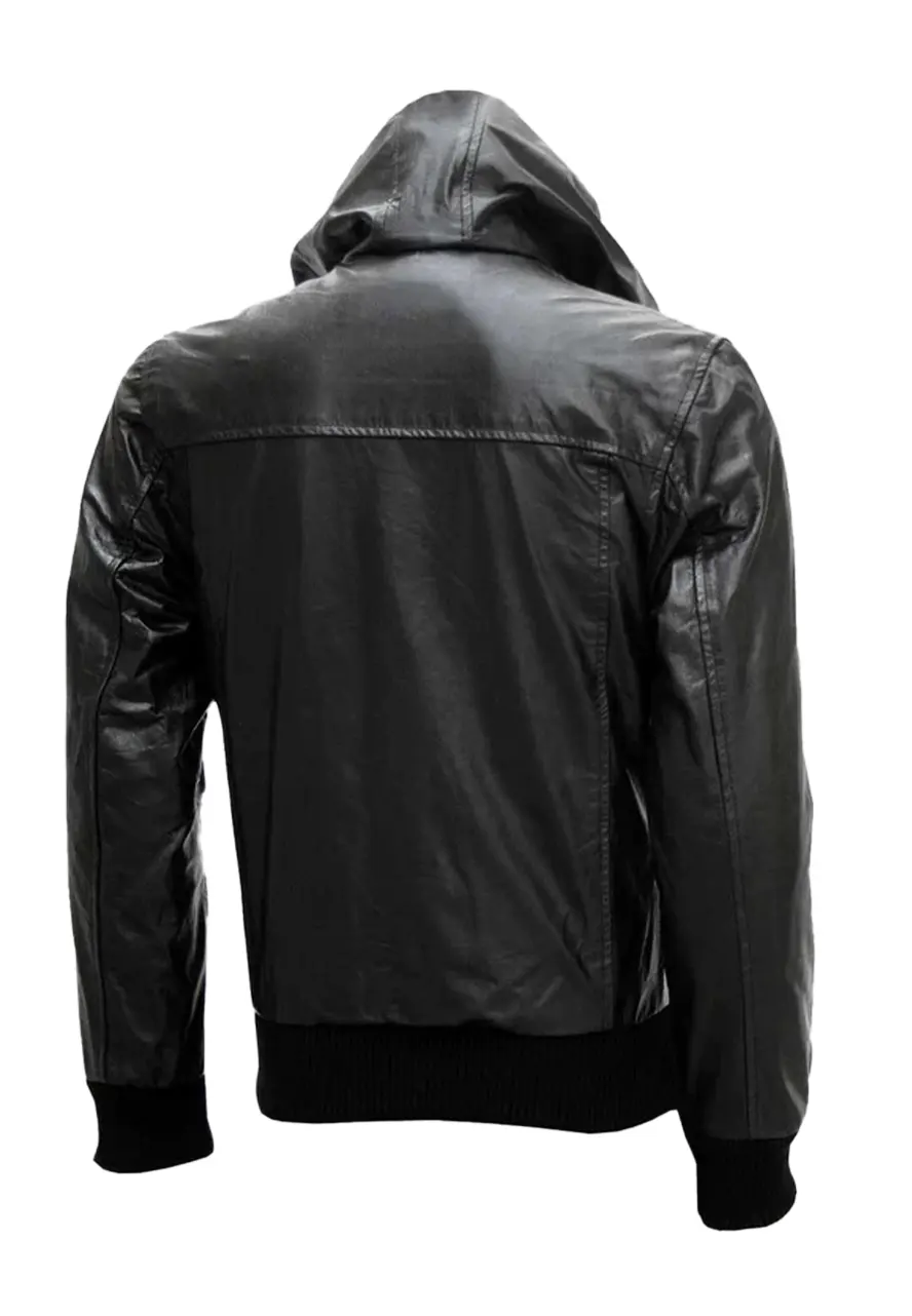 mens-black-hoodie-faux-leather-bomber-jacket-2 mens-black-hoodie-faux-leather-bomber-jacket