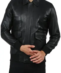 mens-black-shirt-collar-faux-leather-bomber-jacket