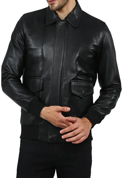 mens-black-shirt-collar-faux-leather-bomber-jacket