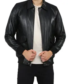 mens-black-shirt-collar-faux-leather-bomber-jacket