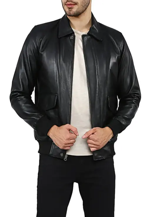 mens-black-shirt-collar-faux-leather-bomber-jacket