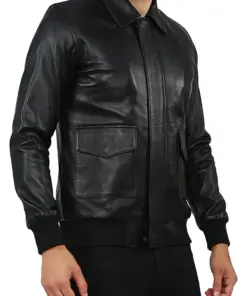 mens-black-shirt-collar-faux-leather-bomber-jacket