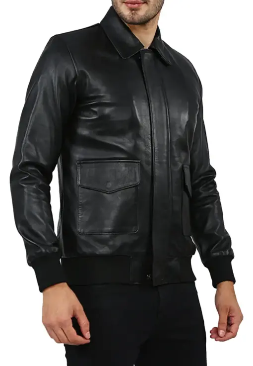 mens-black-shirt-collar-faux-leather-bomber-jacket