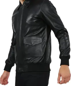 mens-black-shirt-collar-faux-leather-bomber-jacket