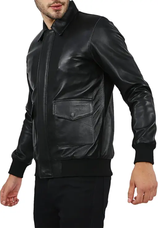 mens-black-shirt-collar-faux-leather-bomber-jacket