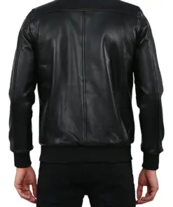 mens-black-shirt-collar-faux-leather-bomber-jacket