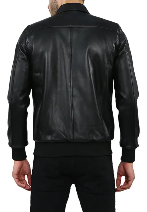 mens-black-shirt-collar-faux-leather-bomber-jacket