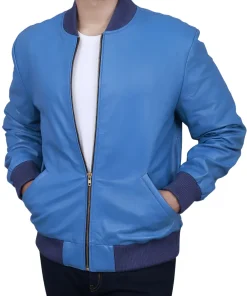 mens-blue-faux-leather-bomber-jacket