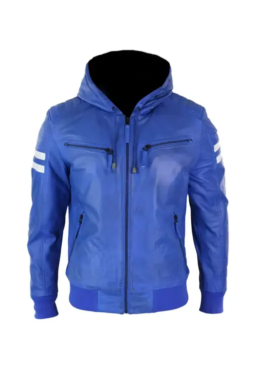 mens-blue-hooded-faux-leather-bomber-jacket