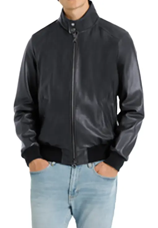 mens-buttoned-collar-navy-faux-leather-bomber-jacket