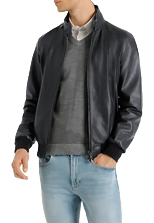 mens-buttoned-collar-navy-faux-leather-bomber-jacket