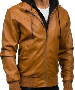 mens-causal-brown-faux-leather-bomber-jacket-with-hoodie