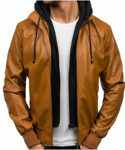 mens-causal-brown-faux-leather-bomber-jacket-with-hoodie