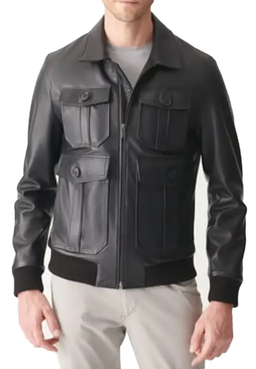 mens-flap-pocket-black-faux-leather-bomber-jacket