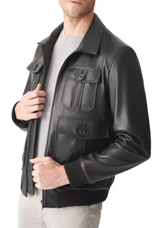 mens-flap-pocket-black-faux-leather-bomber-jacket