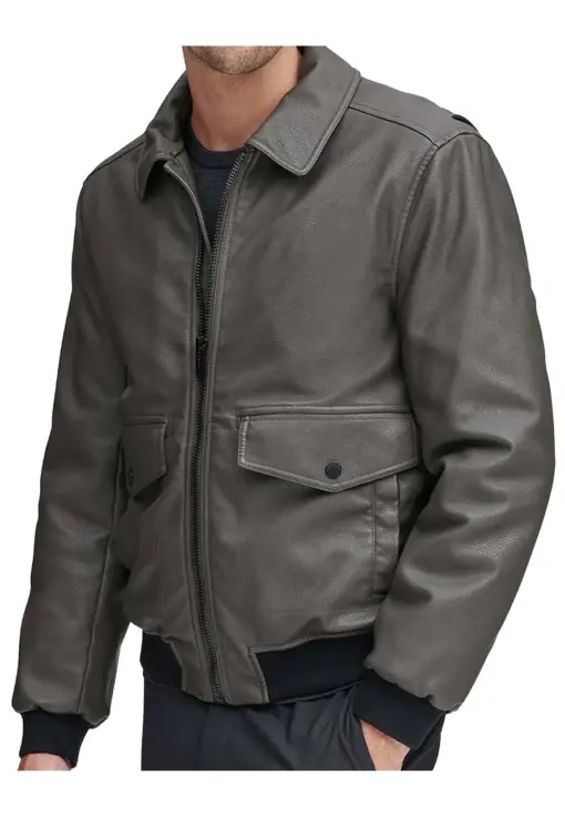 mens-flap-pockets-grey-faux-leather-bomber-jacket