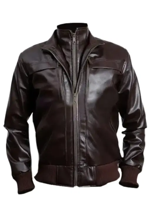 mens-high-neck-collar-brown-faux-leather-bomber-jacket