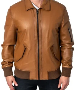 mens-long-sleeve-brown-faux-leather-bomber-jacket