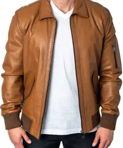 mens-long-sleeve-brown-faux-leather-bomber-jacket