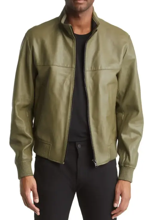 mens-olive-green-faux-leather-bomber-jacket