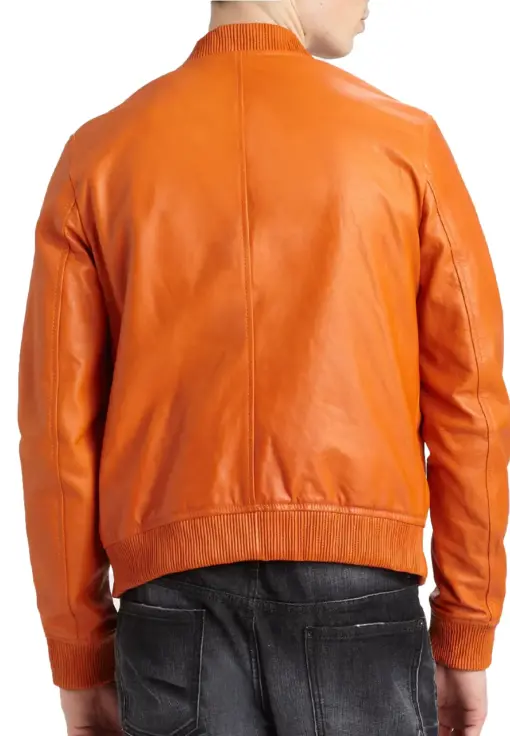 mens-orange-faux-leather-bomber-jacket