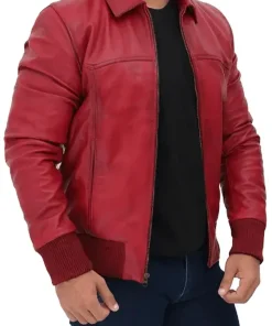 mens-red-faux-leather-bomber-jacket