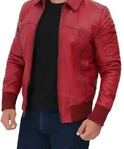 mens-red-faux-leather-bomber-jacket