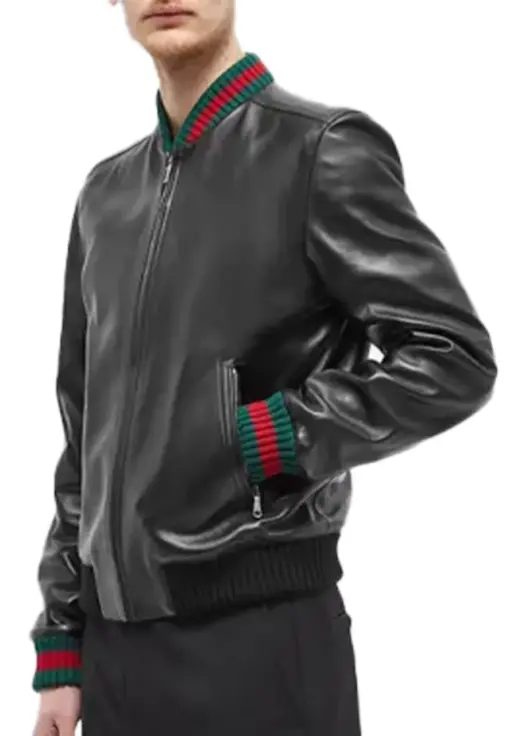 mens-ribbed-black-faux-leather-bomber-jacket