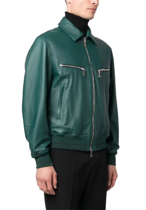 mens-ribbed-green-faux-leather-bomber-jacket