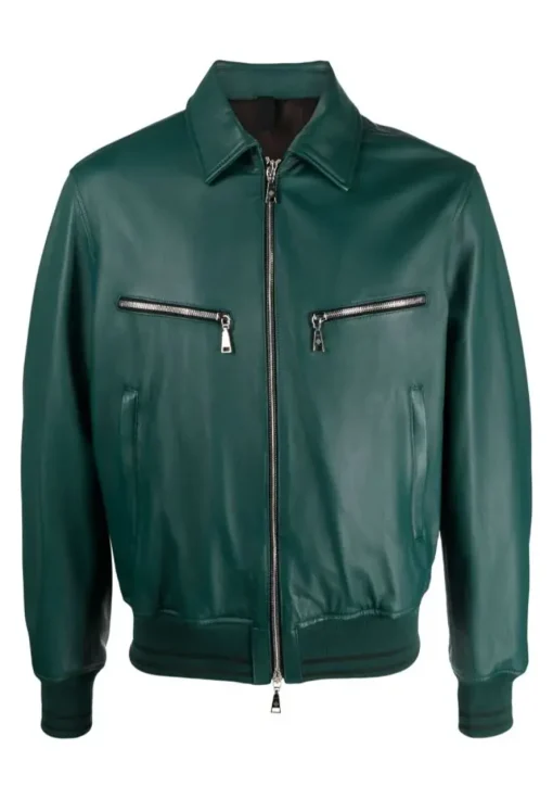 mens-ribbed-green-faux-leather-bomber-jacket