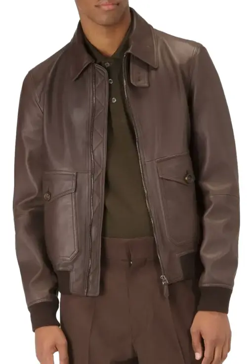 mens-shirt-collar-brown-bomber-faux-leather-jacket