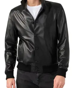 mens-sport-black-faux-leather-bomber-jacket