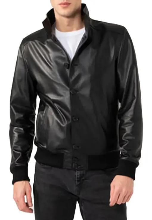 mens-sport-black-faux-leather-bomber-jacket