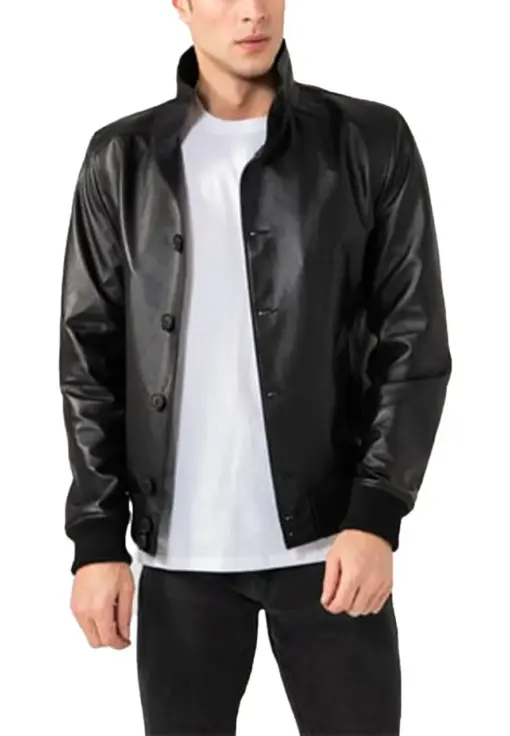 mens-sport-black-faux-leather-bomber-jacket