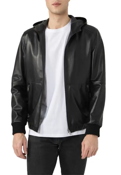 mens-sports-black-hooded-faux-leather-bomber-jacket